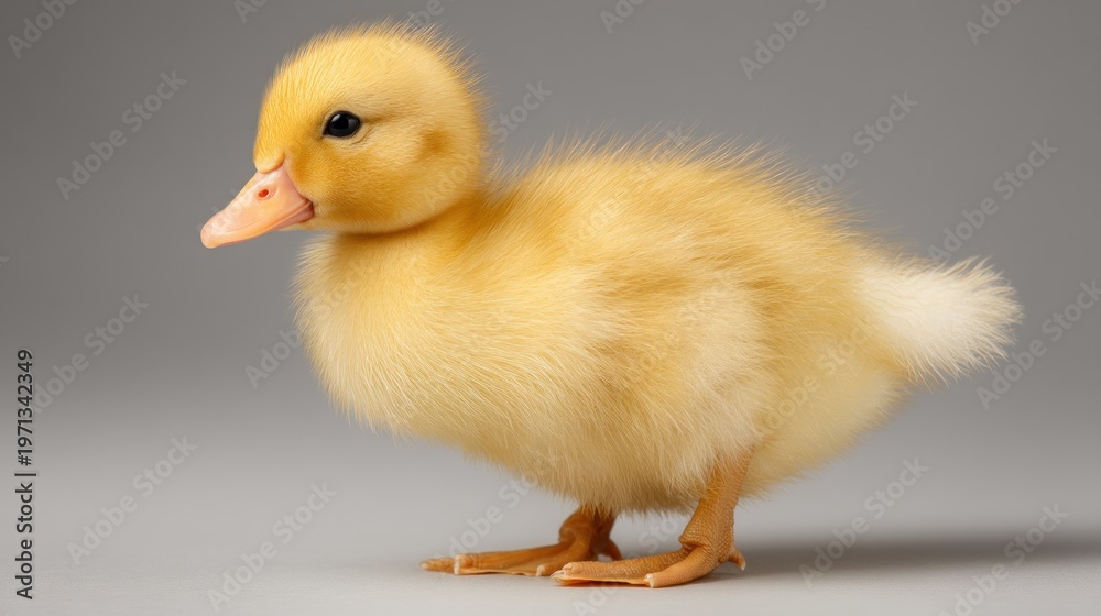 Fototapeta premium Close up of a fluffy yellow duckling on gray background