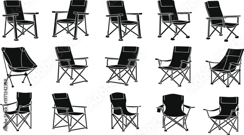Set of camping chair silhouettes, folding outdoor seat vector illustrations, portable picnic furniture symbols for travel, hiking, fishing, and garden relaxation