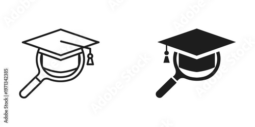 Graduation cap under examination through magnifying glass icons comparison