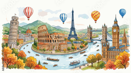 Colorful European landmarks illustration featuring Eiffel Tower Colosseum Big Ben Pisa Tower along river with boats hot air balloons autumn cityscape panorama