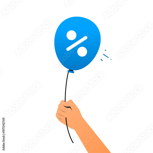 Hand holding balloon with percent symbol. zero interest, fixed rate installment, stable financing concept. vector illustration for financial services, loan promotion, banking apps, payment plans