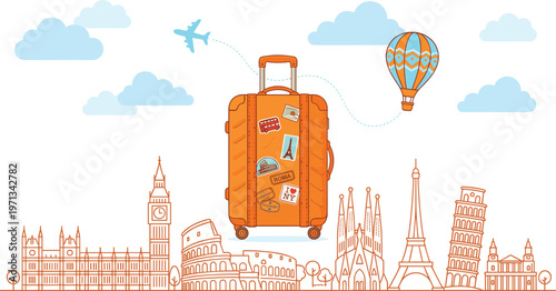 Travel illustration with suitcase airplane hot air balloon and European landmarks skyline including Eiffel Tower Colosseum Big Ben minimal tourism concept design