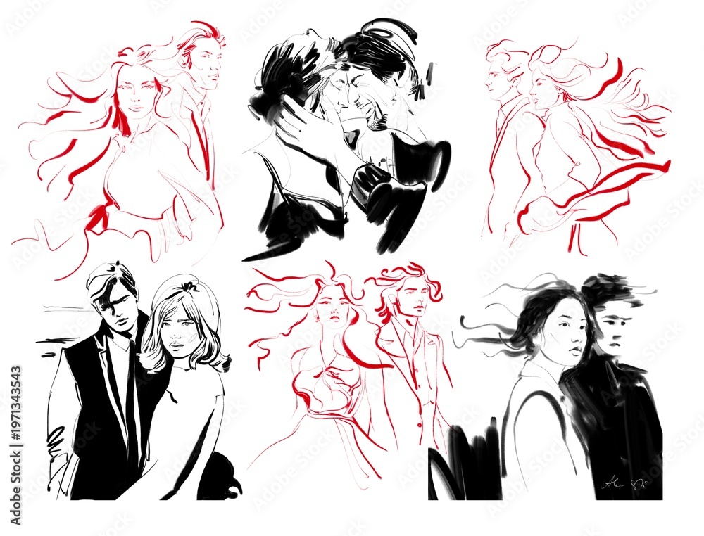 Obraz premium Romantic Couple Portraits in Expressive Fashion Sketch Style