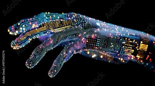 Digital hand with circuit board pattern on black background