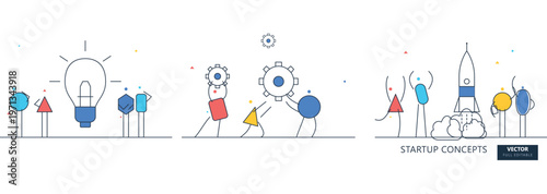 Startup business concepts featuring minimalist characters with lightbulb ideas gears for teamwork and a rocket launch for rapid corporate company growth.