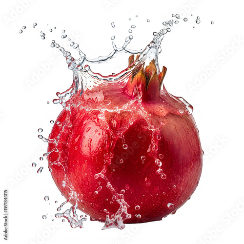 A red pomegranate with water splashing on it isolated on white background