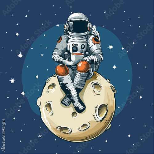 Cartoon astronaut sitting on a crescent moon, holding a cup, against a starry blue space background, enjoying a cosmic break.