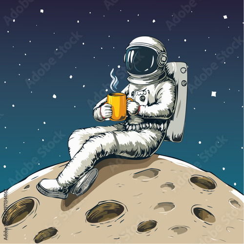 An astronaut in a white space suit sits on a cratered moon surface, holding a steaming yellow mug under a starry night sky.