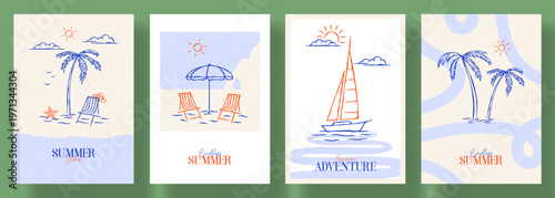 Set of Summer Vacation posters. Vector cards sketch art with yacht boat, palm tree, wave. Summer set of backgrounds for travel poster, tropical party flyer, summer-themed design and event.