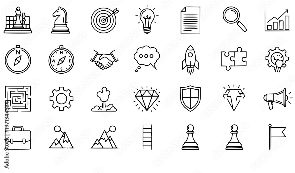 Fototapeta premium A collection of business and strategy icons in a flat line art style