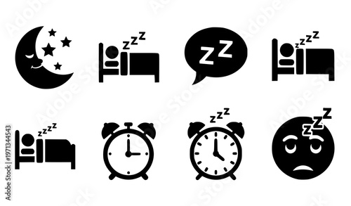 A set of black and white vector icons depicting sleep and wakefulness