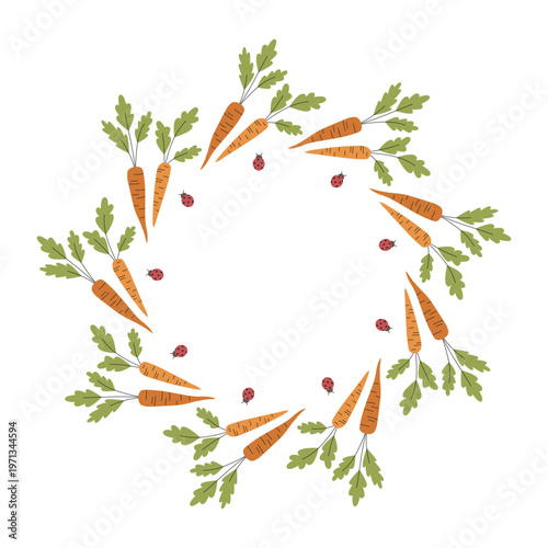Circular frame with carrots and cute ladybug. Hand drawn flat vector design for ecological gardening themes and vegetable branding.