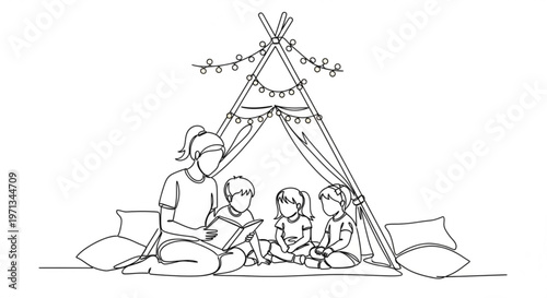 Mother reading book to children in tent with hanging string lights