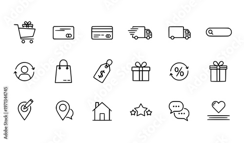 A set of minimalist line art icons representing e-commerce and shopping concepts