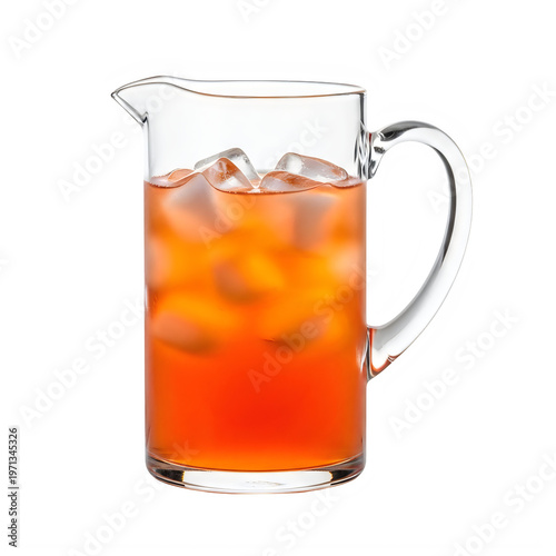 A glass pitcher filled with iced tea isolated on white background