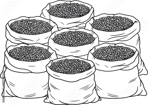 Sacks of grain illustration, agricultural harvest bags vector line art isolated farm produce