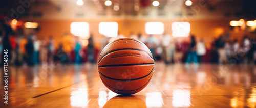 A close-up view of a basketball resting on a shiny wooden court, with the blurred background of an empty indoor sports arena under bright lights.