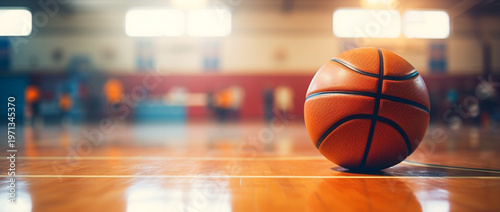 A close-up view of a basketball resting on a shiny wooden court, with the blurred background of an empty indoor sports arena under bright lights.