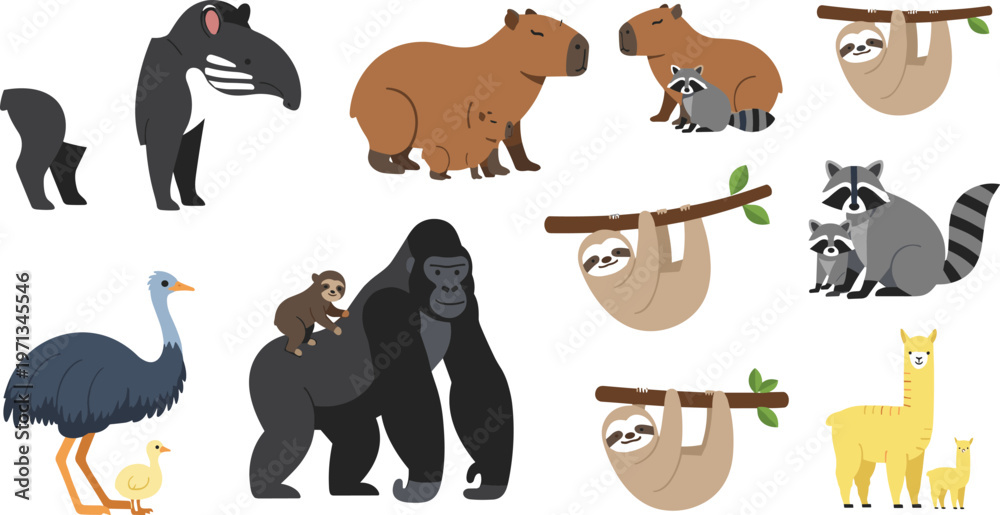 Fototapeta premium Cute Jungle and Zoo Animals Vector Set with Gorillas, Capybaras, Raccoons, Sloths, Llamas, Tapirs, Ostriches, and Baby Animals for Educational, Web, and Print Designs