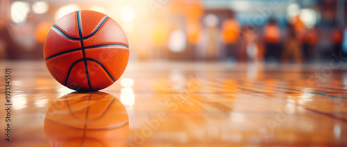 A close-up view of a basketball resting on a shiny wooden court, with the blurred background of an empty indoor sports arena under bright lights.