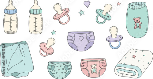 Baby Essentials Set with Bottles, Pacifiers, Diapers, and Blankets for Newborn and Infant Care Designs