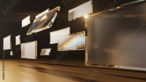 Abstract composition featuring reflective rectangular shapes with golden edges arranged in a dynamic, floating arrangement against a dark background, creating a sense of depth and modern design