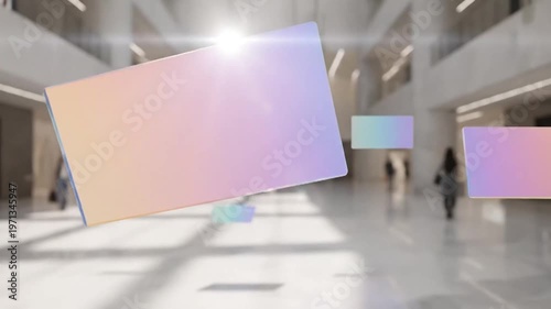 Abstract geometric shapes with iridescent surfaces float in a modern architectural space, creating a visually captivating and artistic composition with a sense of depth and dimension