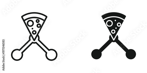 Creative depiction of pizza slices held by stylized tongs or serving utensils