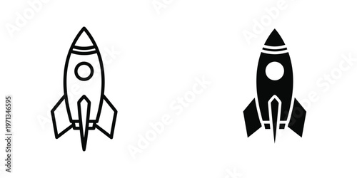 Contrasting line art depictions of a rocket ship in white and black silhouettes