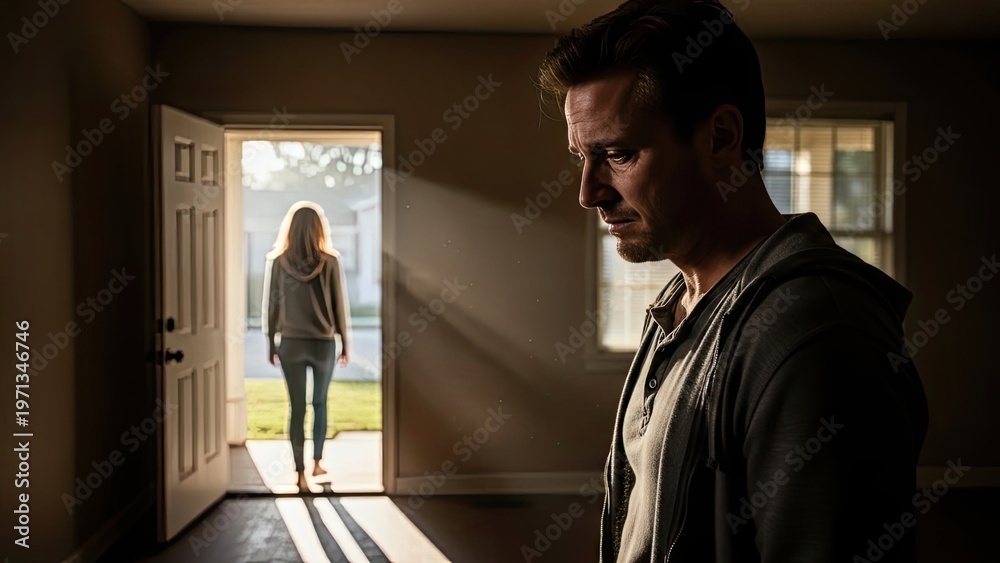Fototapeta premium A Man's Despair, A Woman's Departure: In the dim light of an empty room, a man's troubled face is in sharp focus, while in the background.