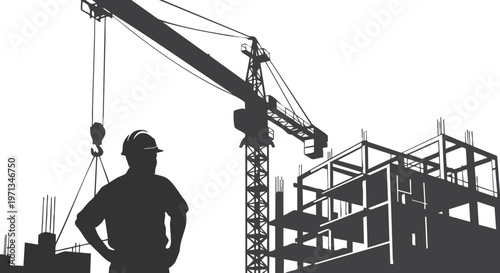 Construction Site Silhouette with Engineer and Tower Crane Building Structure for Industrial Development