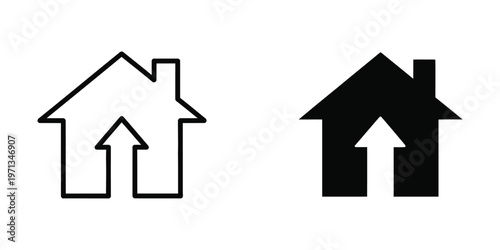 Contrast between a simple outline house icon and a filled-in house icon with an arrow.