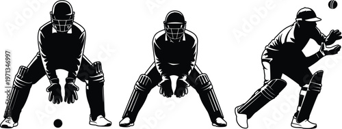 Cricket player silhouettes set, wicket keeper catching ball vector illustration isolated sport action