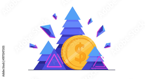 Golden Dollar Coin with Abstract Geometric Shapes and Blue Trees