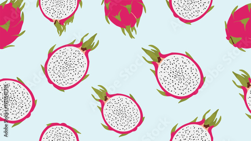 Seamless pattern with whole and sliced dragon fruits on light blue background, exotic tropical fruit texture for textile design.