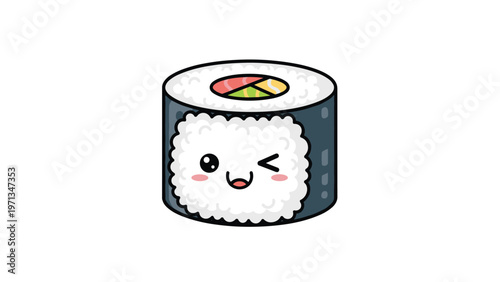 Cute sushi maki character with a winking face and happy expression on white background, japanese food illustration for children.