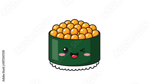 Cute ikura sushi character with orange fish roe on top and a happy face, traditional japanese food illustration for kids.
