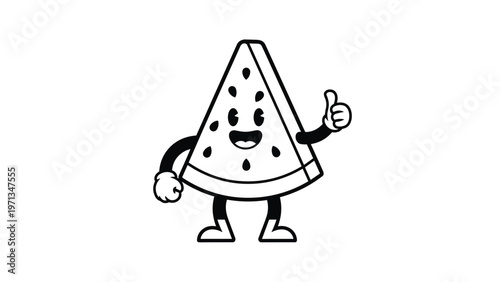 Happy watermelon slice character giving a thumbs up in black and white line art, cute fruit mascot for kids coloring book.