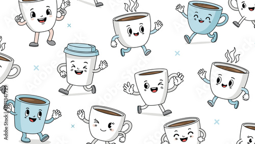 Fun seamless pattern with animated coffee cup characters running and waving, energetic caffeine theme background for cafe.