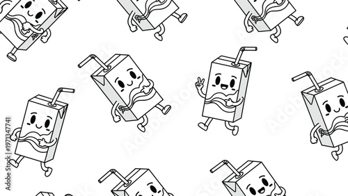 Seamless pattern with happy juice box characters in black and white line art, cute beverage background for coloring activities.