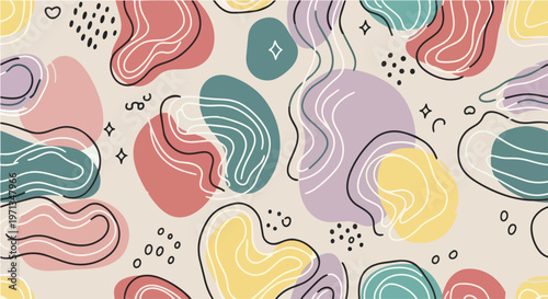 Vibrant abstract shapes cover the entire illustration surface with various colors.