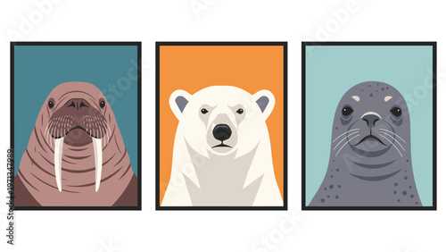 Trio of stylized portraits of arctic animals featuring a walrus, polar bear, and seal in framed boxes on a blue and orange background.