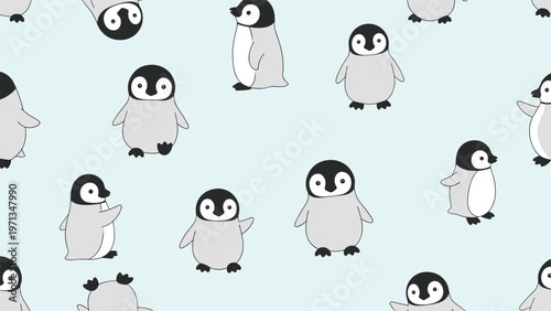 Charming seamless pattern of small cute cartoon penguins in various poses on a soft light blue background for nursery and kid designs.