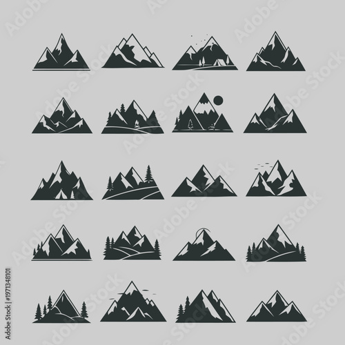 Collection of vector mountain range silhouettes, perfect for outdoor adventure branding and graphic design projects