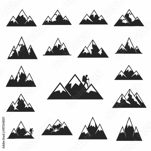 Collection of diverse mountain range silhouettes, perfect for design projects and symbolizing adventure and nature's grandeur