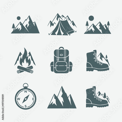 Collection of flat design icons representing outdoor adventure and camping activities, including mountains, tents, boots, and compasses