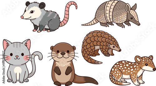 Quadro em tela Cute Small and Exotic Animal Vector Set with Opossum, Armadillo, Cat, Otter, Pan