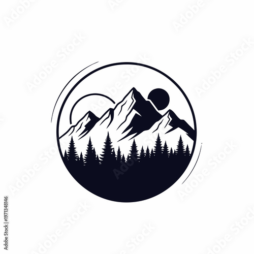 Mountain Range Silhouette Logo with Pine Trees and Sun/Moon - Circular Emblem for Outdoor Adventure and Nature Brands