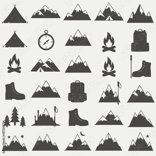 Collection of silhouette icons representing mountain expeditions, including tents, boots, backpacks, and campfires for outdoor adventure themes