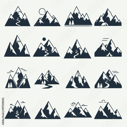 Collection of stylized mountain range graphics, featuring varied peaks, trees, and winding paths for adventurous branding